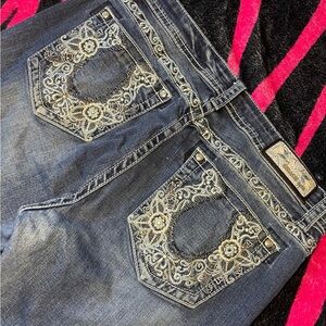 Y2k Mcbling Dark Blue Jeans with Silver Embroidery